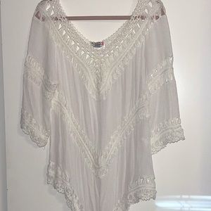 Womens L White Semi Sheer Gauze Eyelet  Tunic Top 3/4 Sleeves